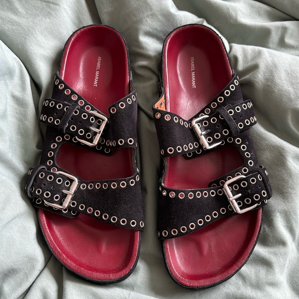 Isabel Marant Black Suede Double-Buckle Sandals with Red Insoles